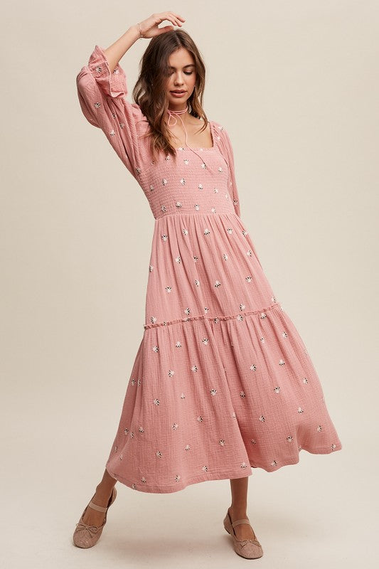 Listicle Ditzy Floral Embroidery Puff Sleeve Midi Dress