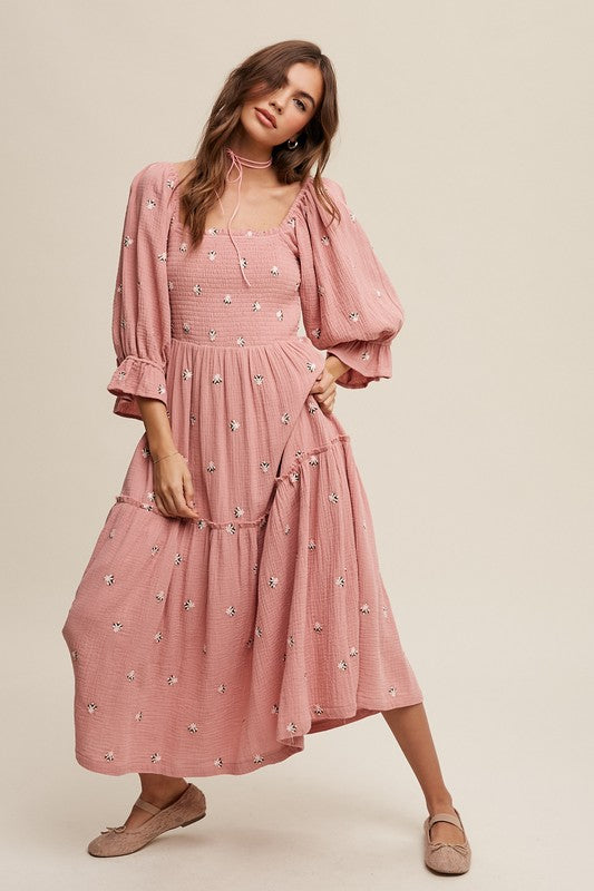 Listicle Ditzy Floral Embroidery Puff Sleeve Midi Dress