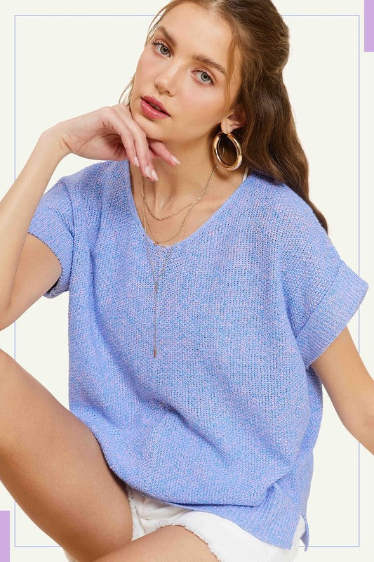 La Miel Soft Lightweight V-Neck Short Sleeve Sweater Top