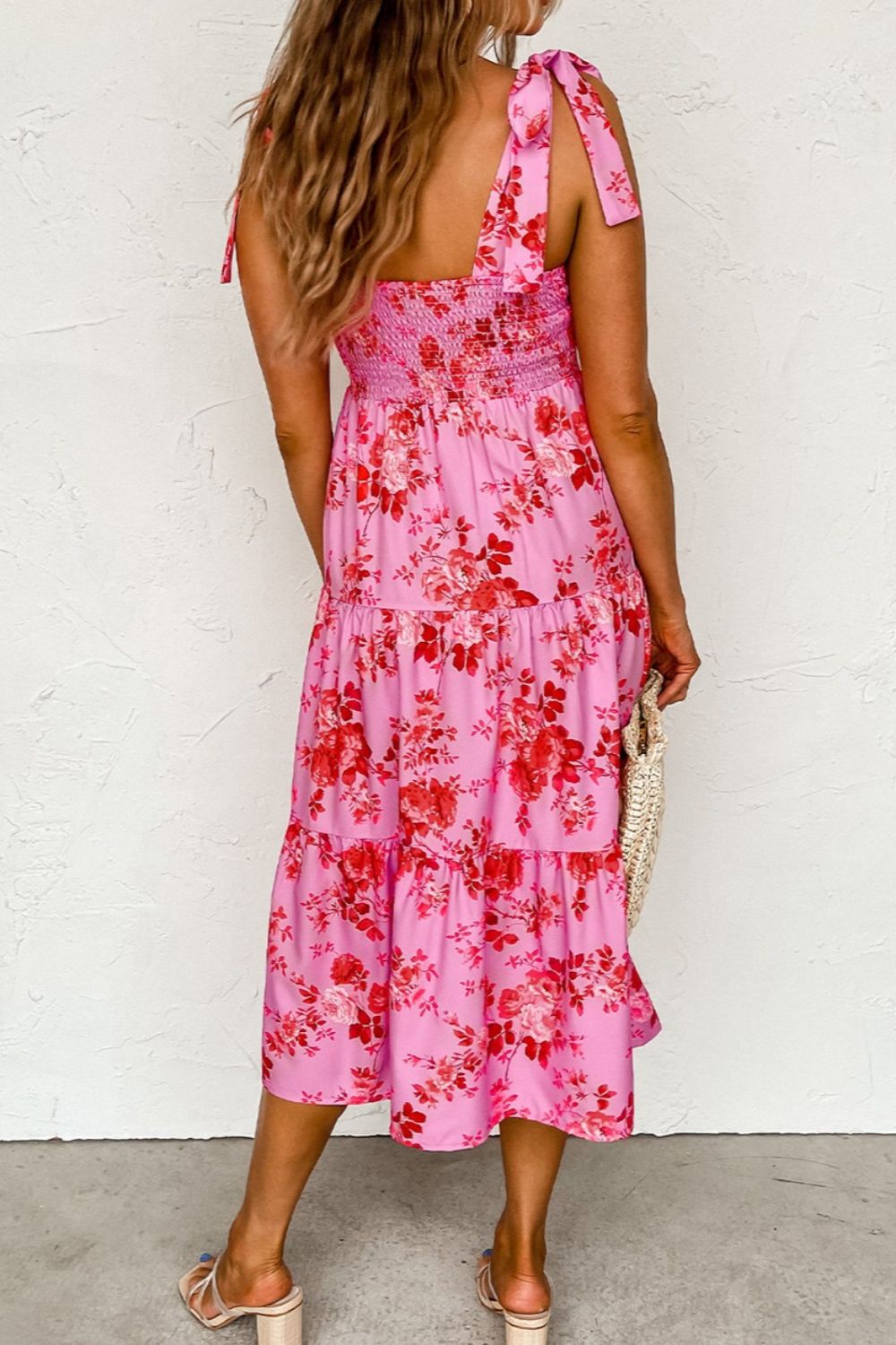 Tied Printed Sleeveless Tiered Midi Dress