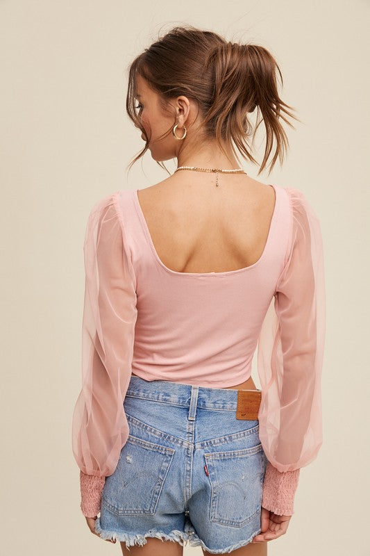 Listicle Square Neck Mesh Puff Sleeve Knit Top