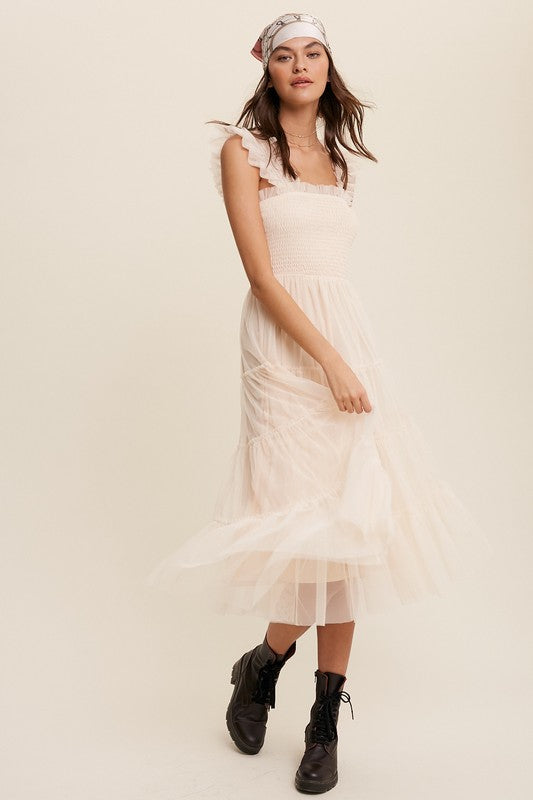 Listicle Smocked Ruffle Tiered Mesh Midi Maxi Dress