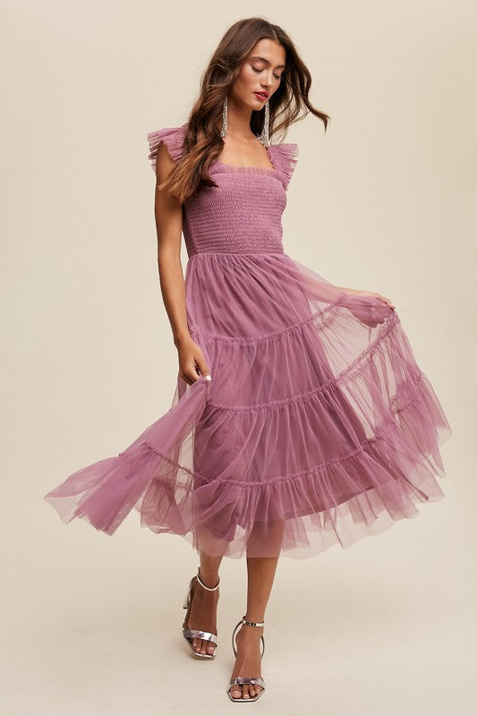 Listicle Smocked Ruffle Tiered Mesh Midi Maxi Dress