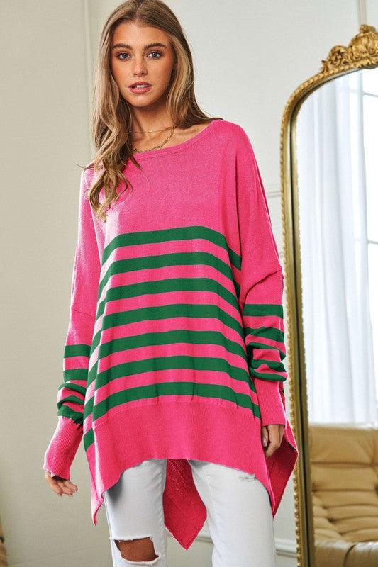 Striped Elbow Patch Oversized Sweater Top - Sweater