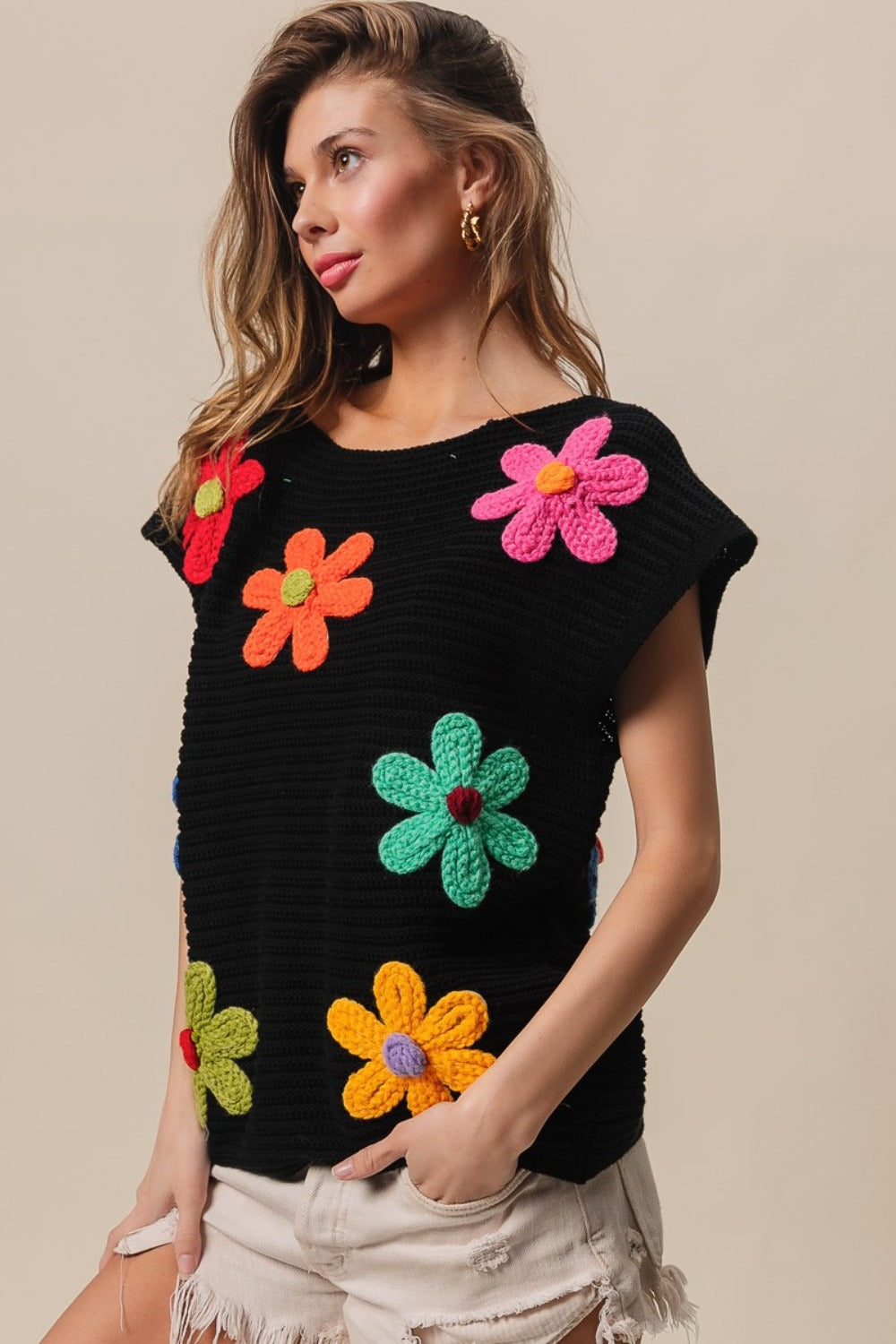 BiBi Flower Round Neck Cap Sleeve Sweater Vest