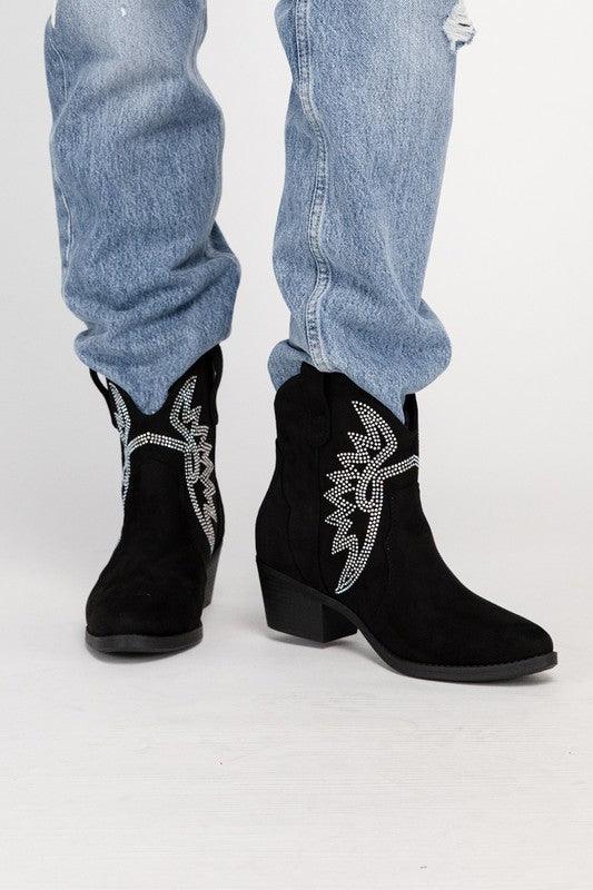 RONAN Rhinestone Western Booties - Boots