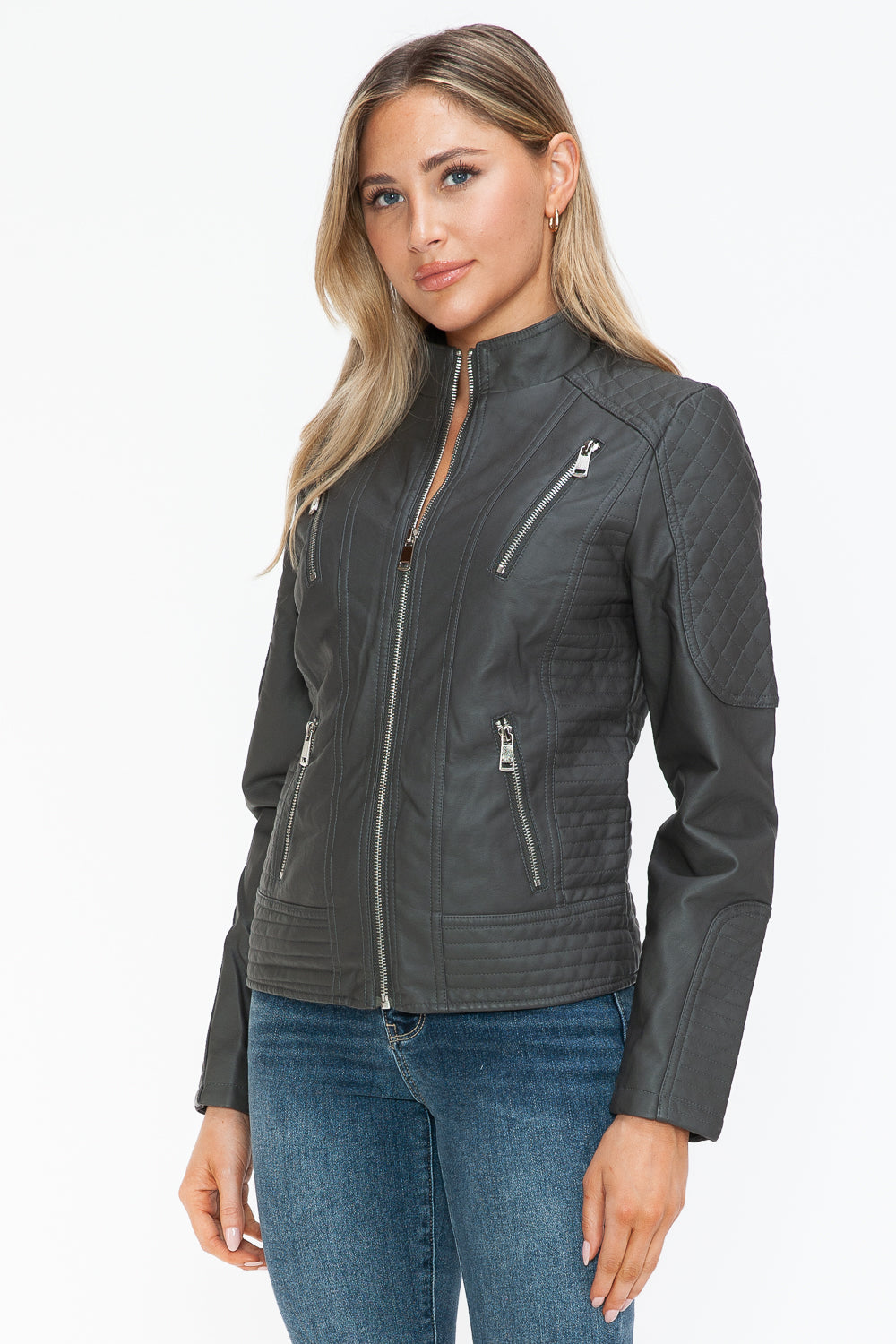 Snobbish Faux Leather Zip Up Mock Neck Moto Jacket