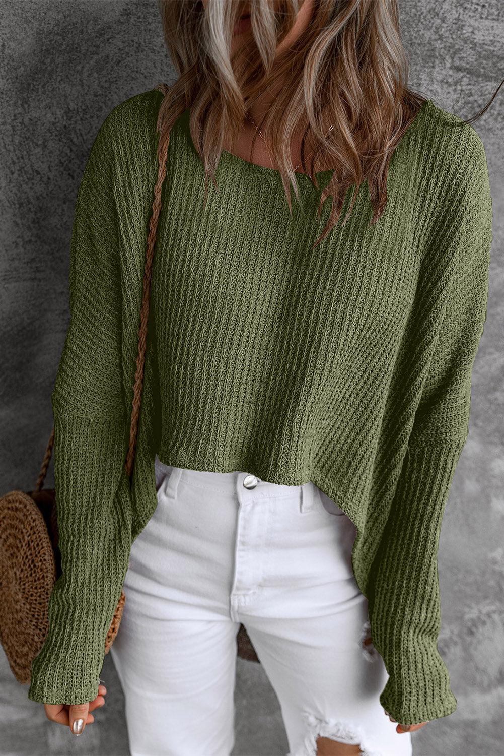 Scoop Neck High-LowLong Sleeves Open Work Knit Top - Top