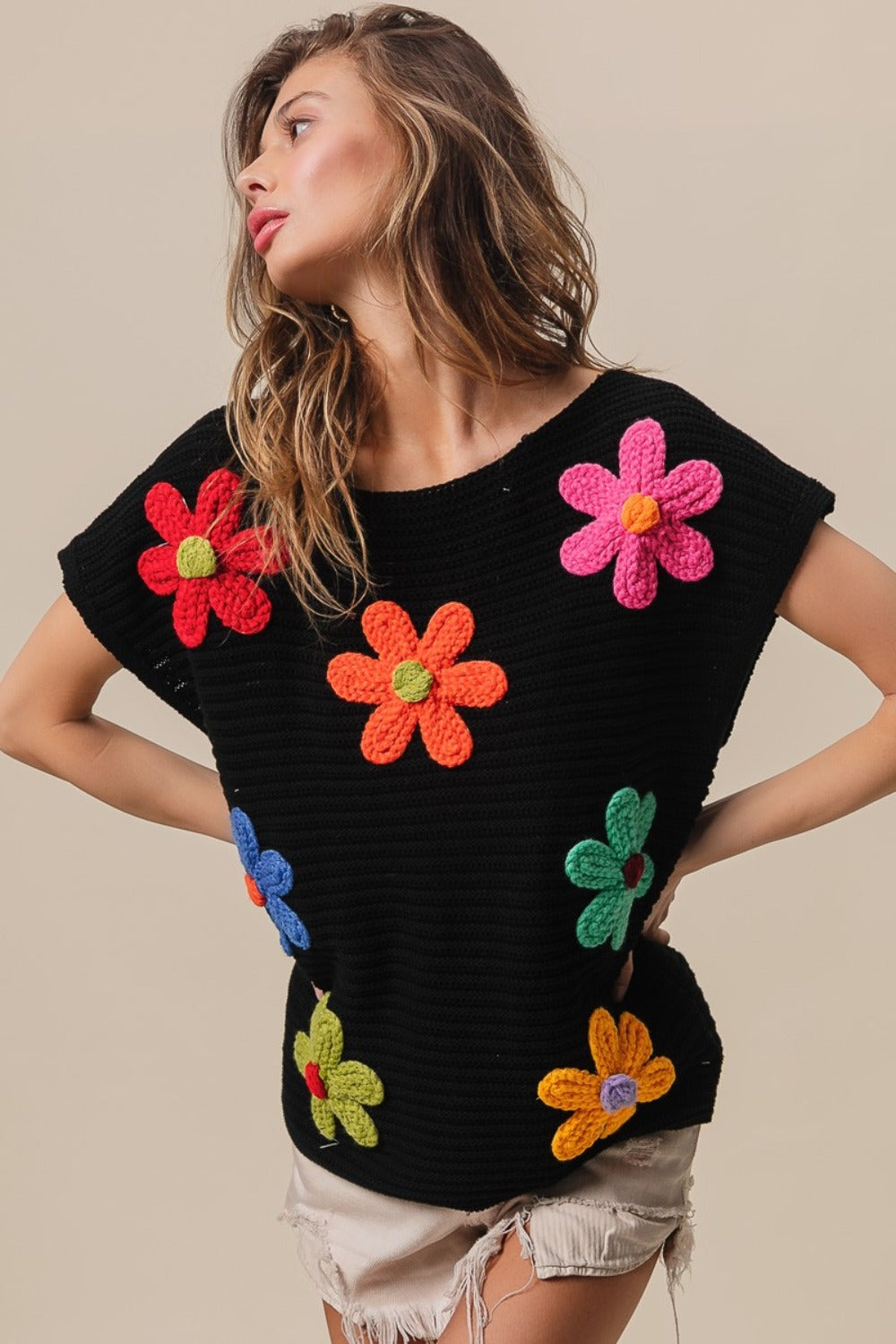 BiBi Flower Round Neck Cap Sleeve Sweater Vest