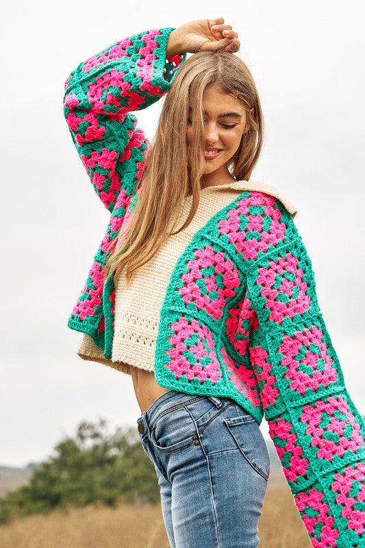 Two-Tone Floral Square Crochet Open Knit Cardigan - Cardigan