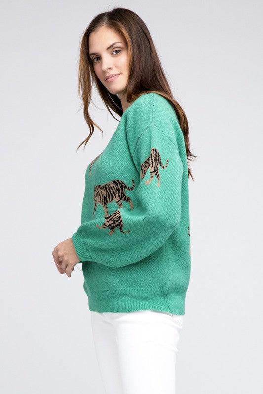 Tiger Pattern Pullover Sweater - Sweater