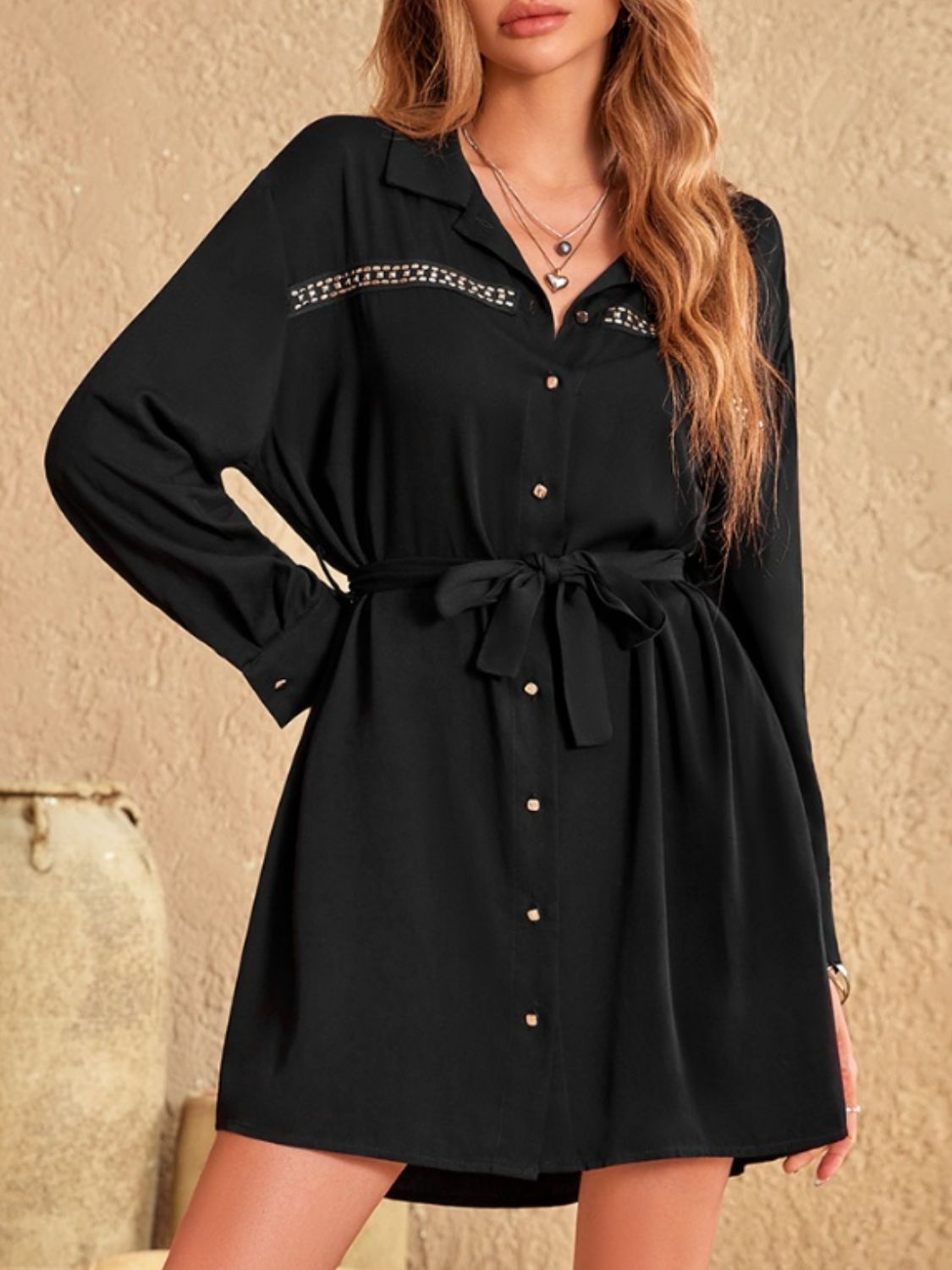 Collared Neck Long Sleeve Mini Shirt Dress