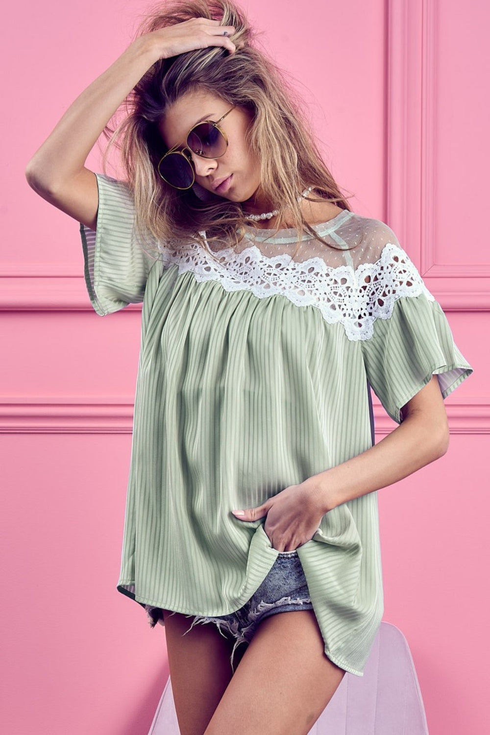 BiBi Lace Detail Short Sleeve Striped Top