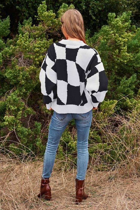 Multi Geo Checker Pullover Knit Sweater Top - Sweater