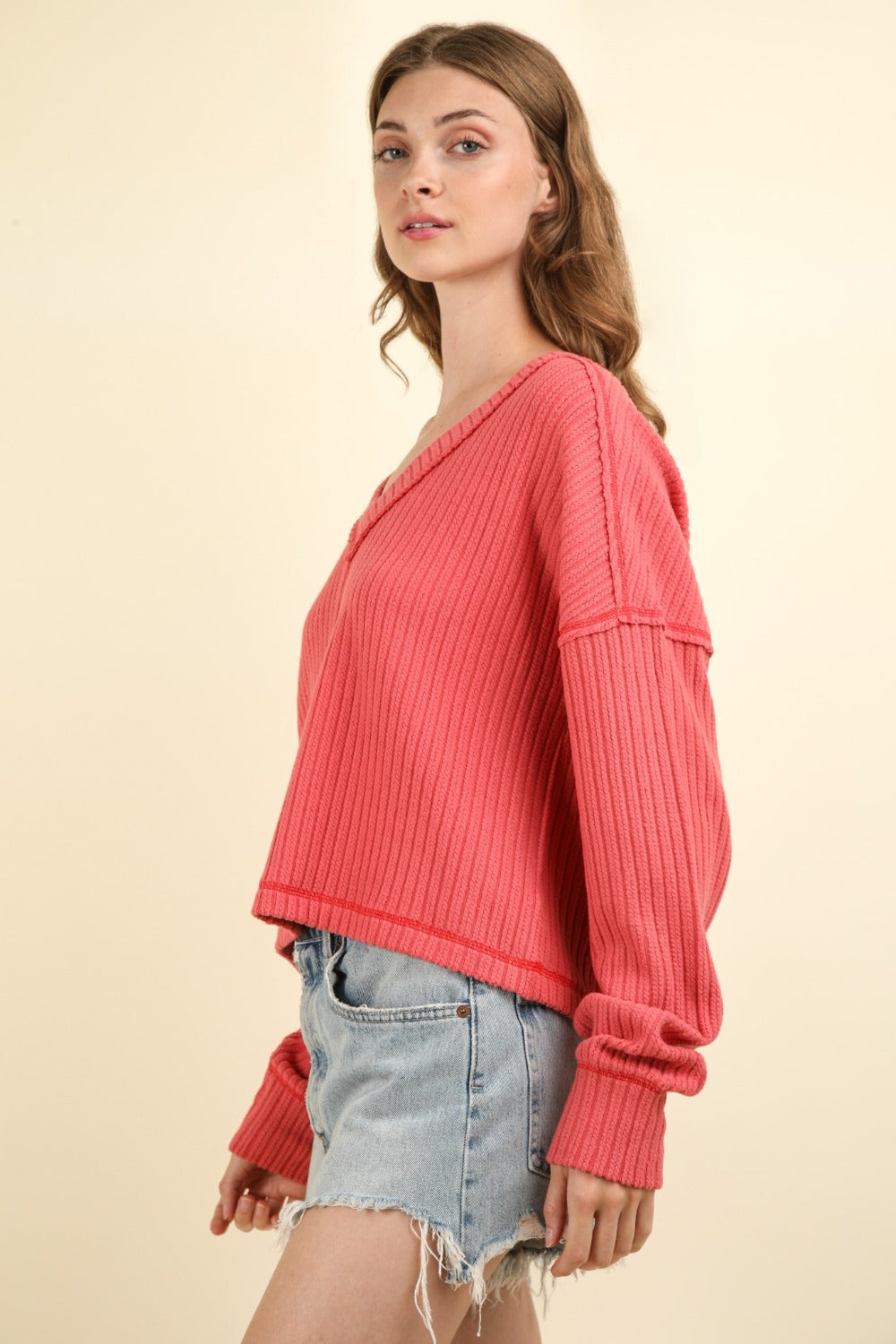 VERY J Exposed Seam V-Neck Ribbed Sweater