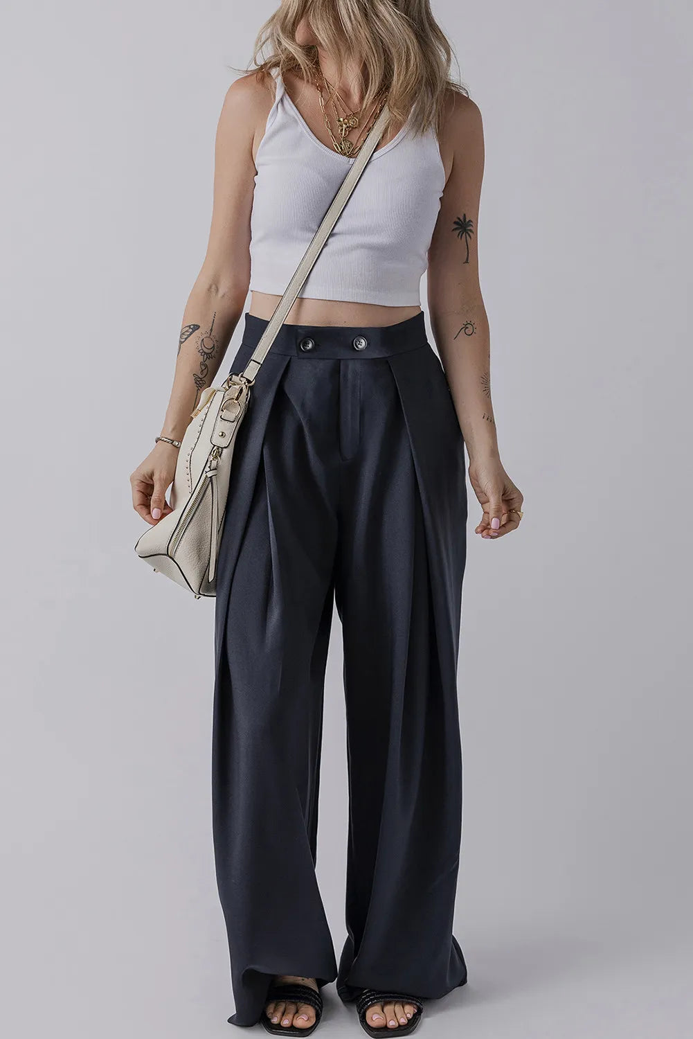 Wide Leg Pleated Pants with Pockets