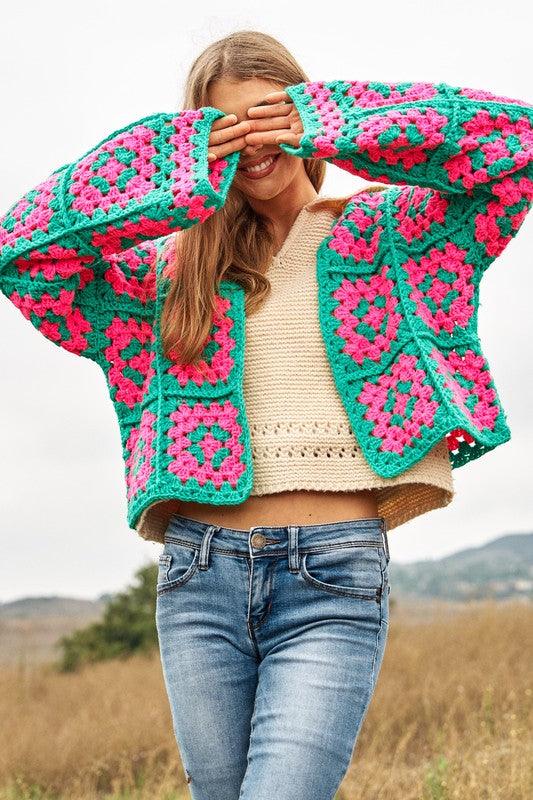 Two-Tone Floral Square Crochet Open Knit Cardigan - Cardigan