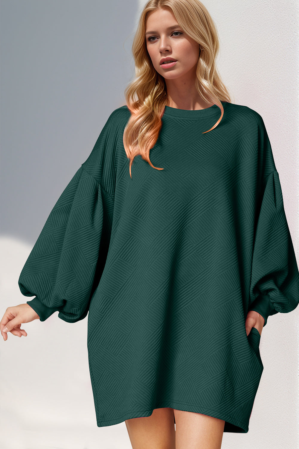 Double Take Drop Shoulder Lantern Sleeve Texture Mini Sweater Dress