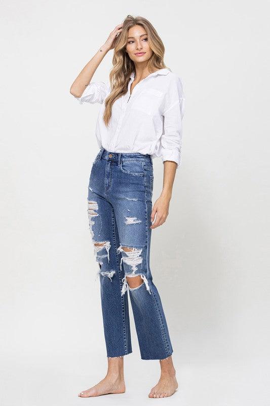 Distressed High Rise Ankle Relaxed Straight Jeans - Jeans