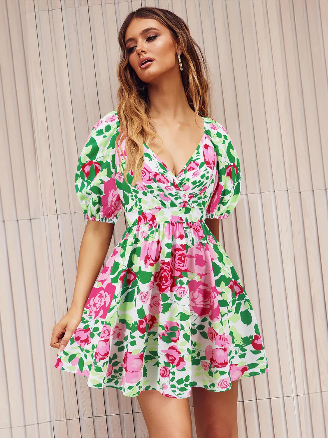 Floral Surplice Short Sleeve Mini Dress