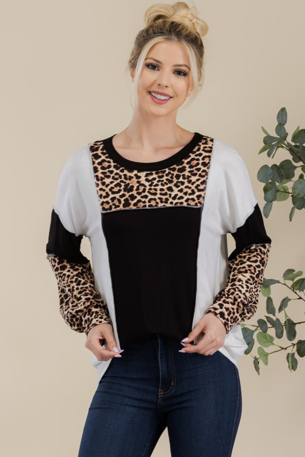 Celeste Full Size Leopard Color Block Exposed Seam Top