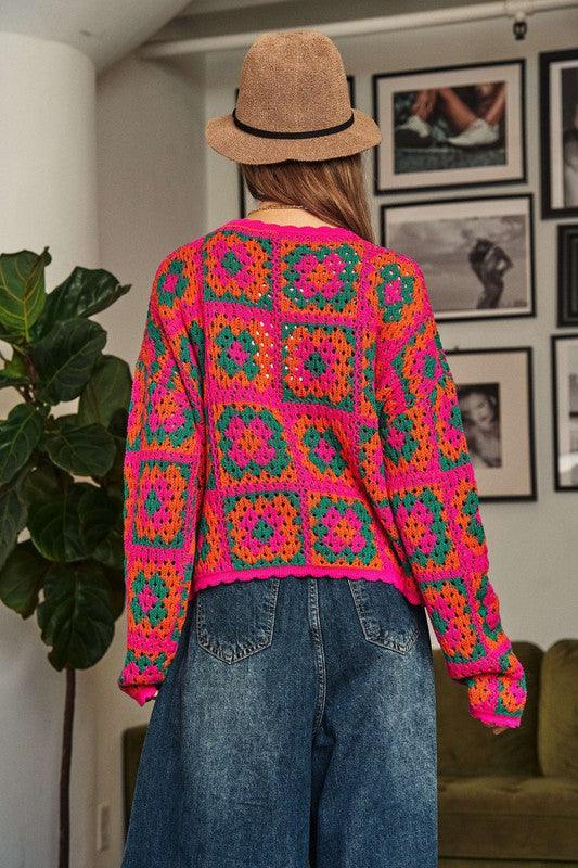 Crochet Patchwork Round Neck Pullover Sweater - Sweater