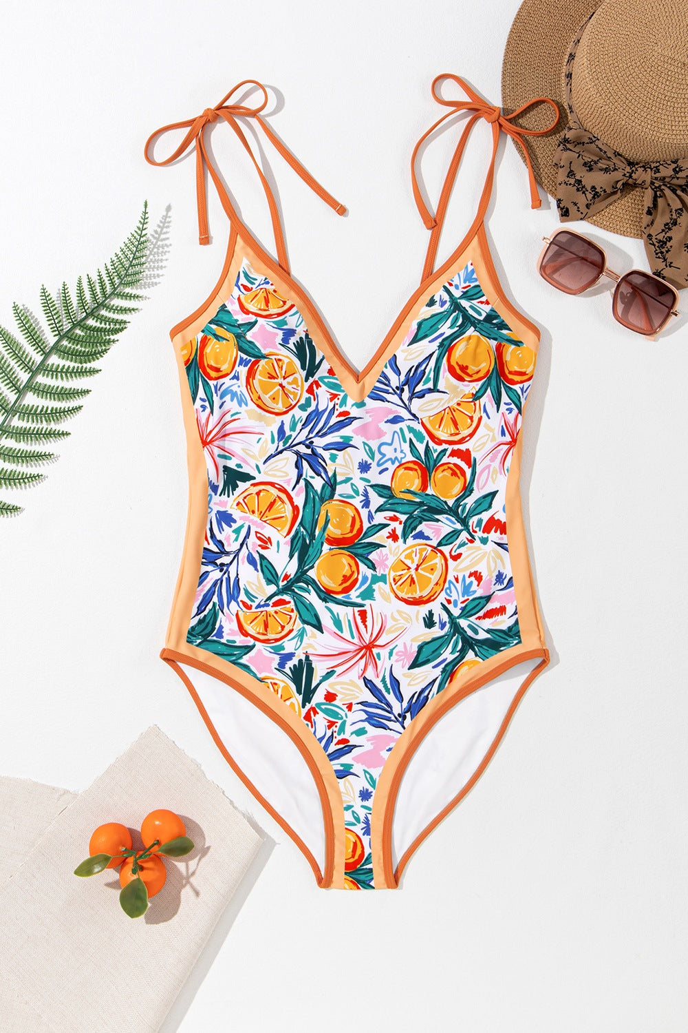 Printed V-Neck Tie Shoulder One-Piece Swimsuit