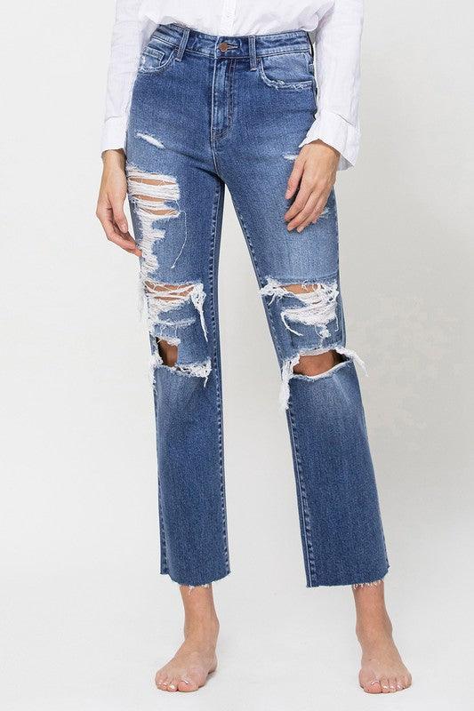 Distressed High Rise Ankle Relaxed Straight Jeans - Jeans