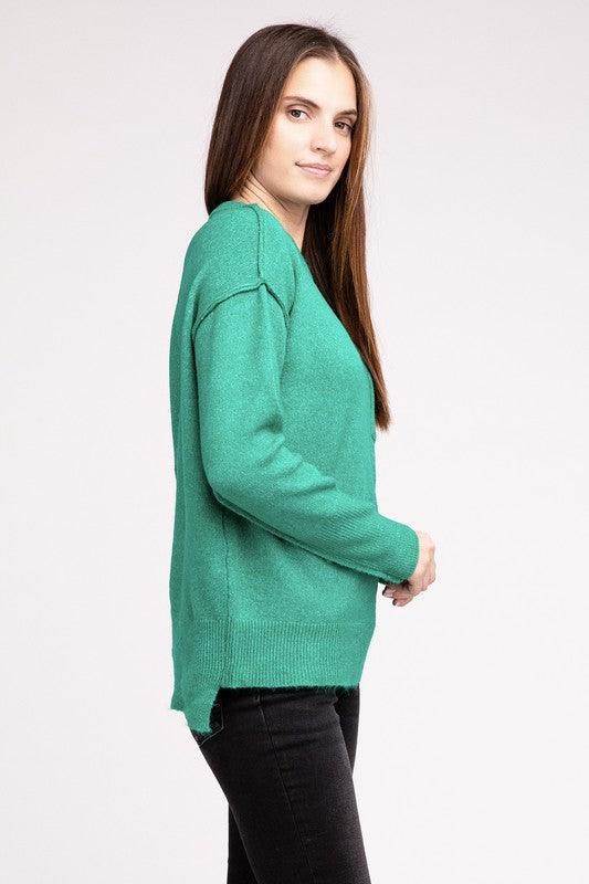 Melange Hi-Low Hem Round Neck Sweater - Sweater