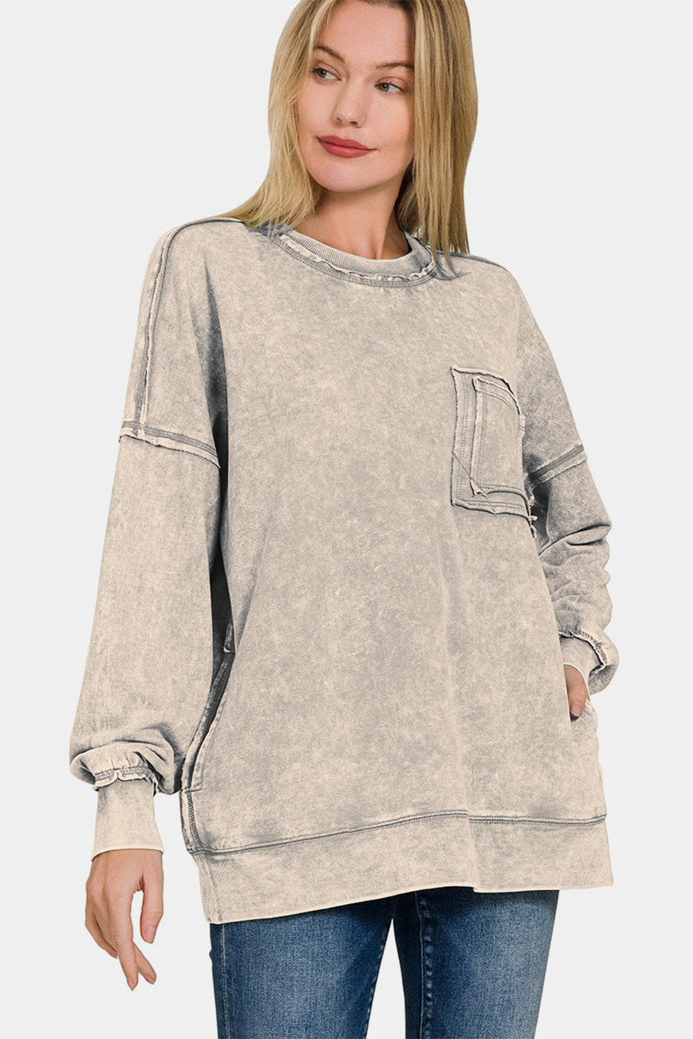 Zenana Exposed Seam Round Neck Sweatshirt