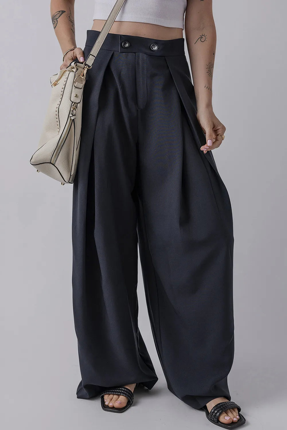 Wide Leg Pleated Pants with Pockets