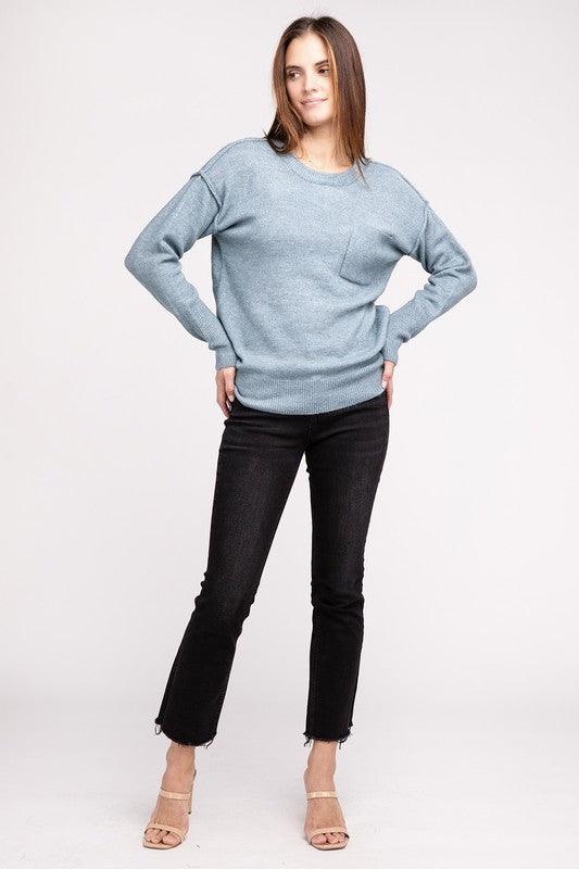 Melange Hi-Low Hem Round Neck Sweater - Sweater