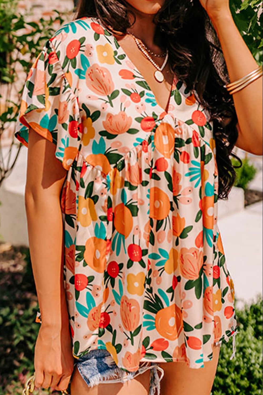 Multicolored Floral V-Neck Short Sleeve Blouse