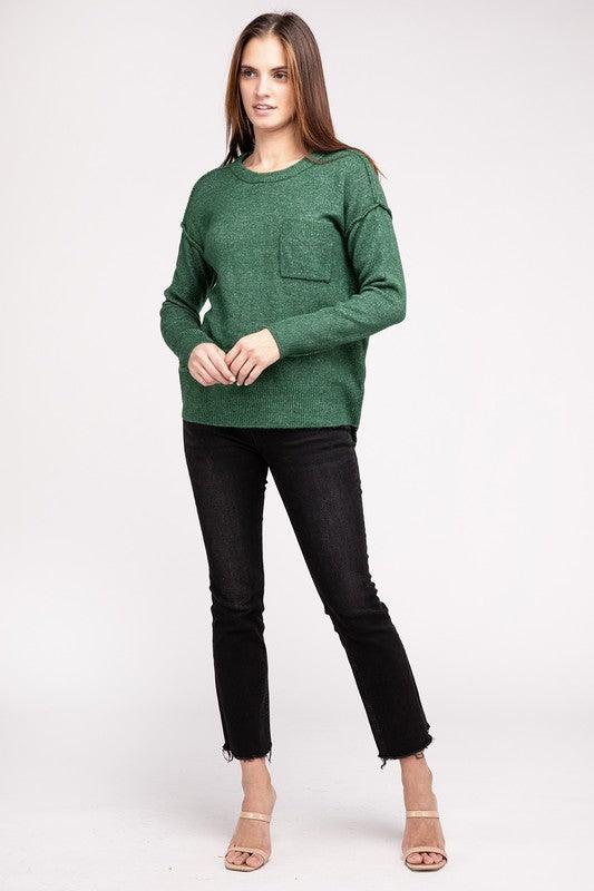 Melange Hi-Low Hem Round Neck Sweater - Sweater