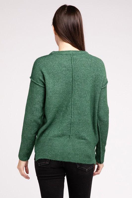 Melange Hi-Low Hem Round Neck Sweater - Sweater