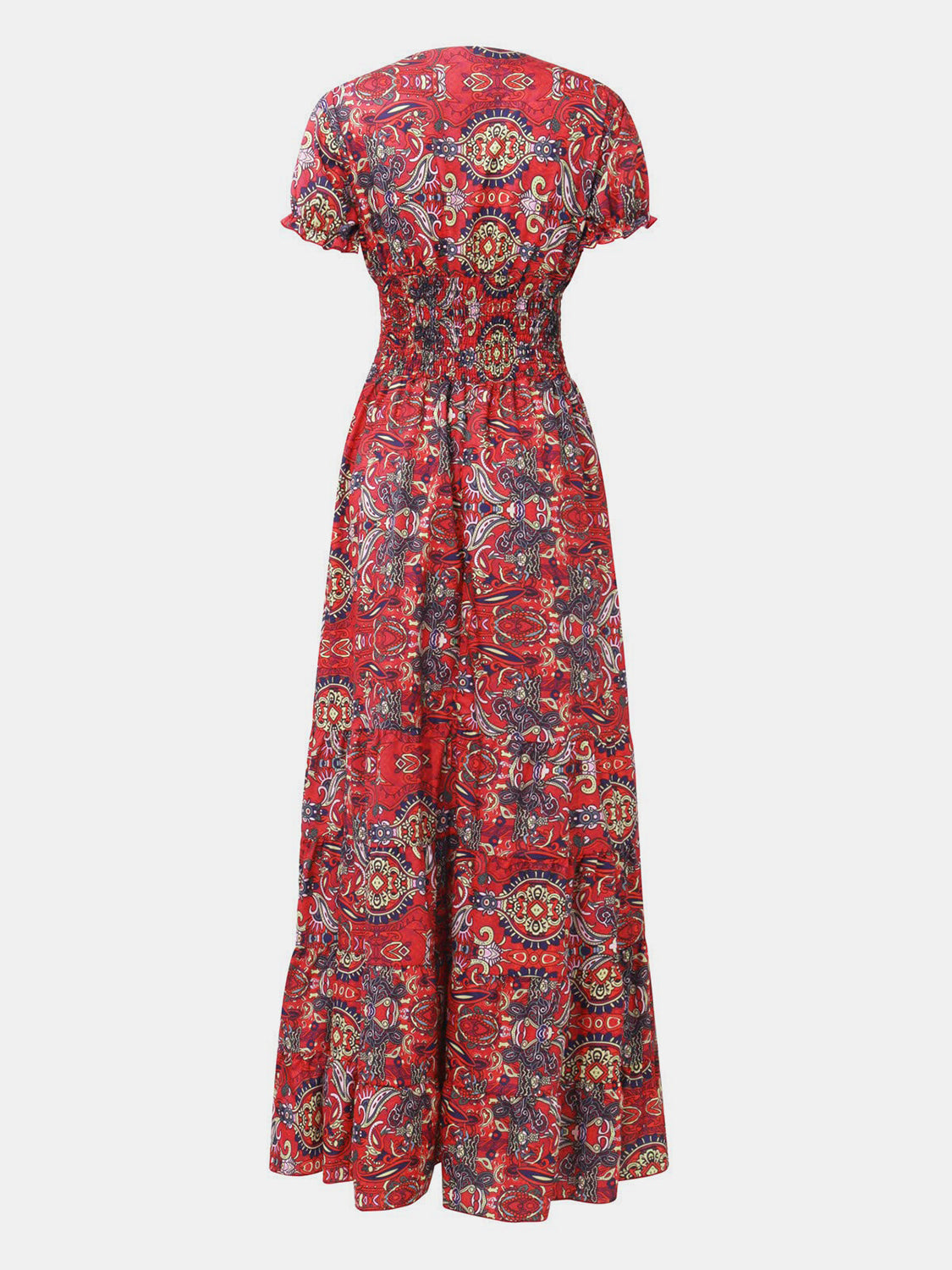 Smocked Printed V-Neck Short Sleeve Maxi Dress