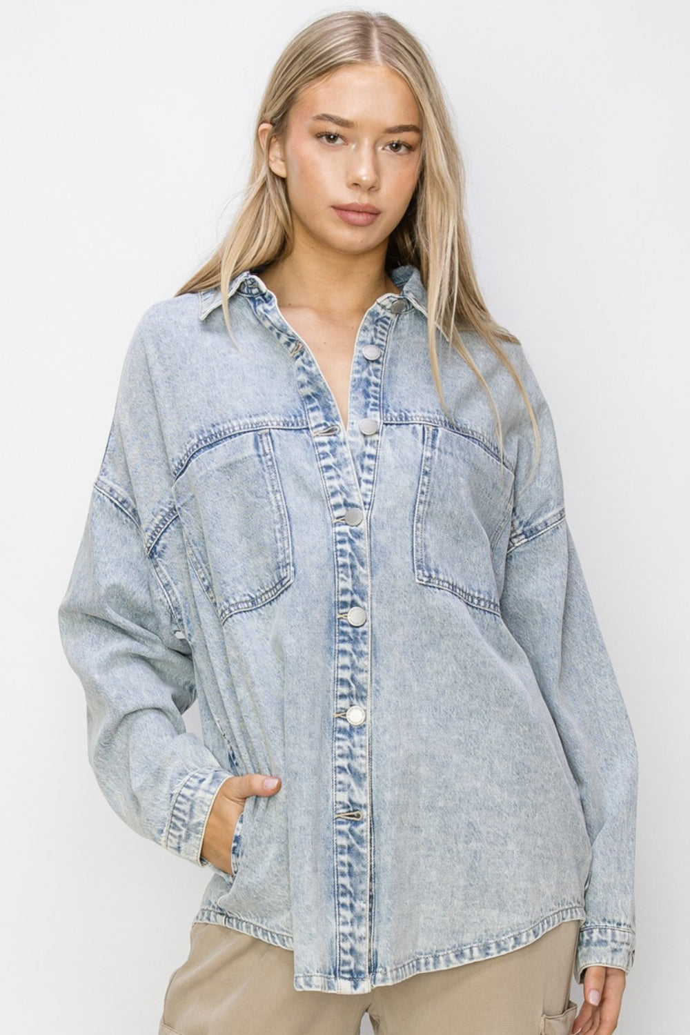 RISEN Button Up Long Sleeve Denim Shacket