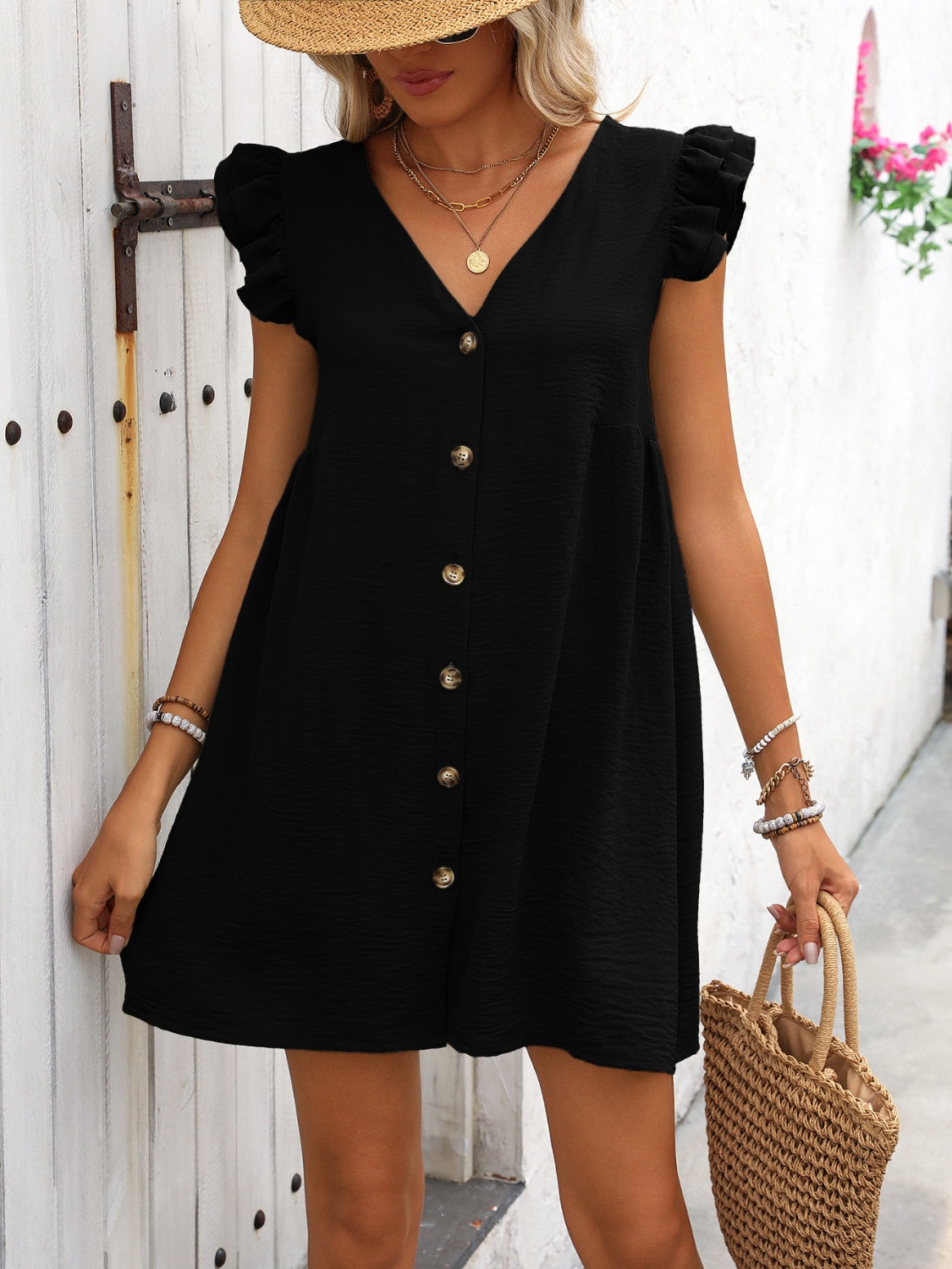 Button Up V-Neck Ruffled Cap Sleeve Mini Dress