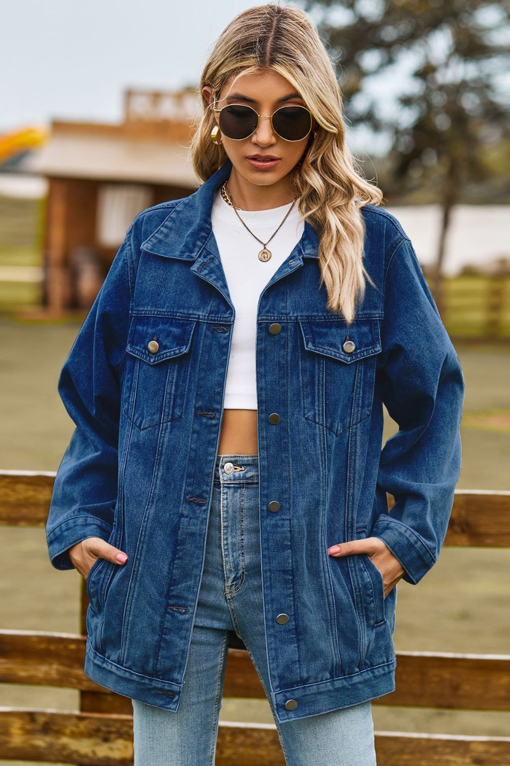 Buttoned Collared Neck Truck Denim Jacket with Pockets