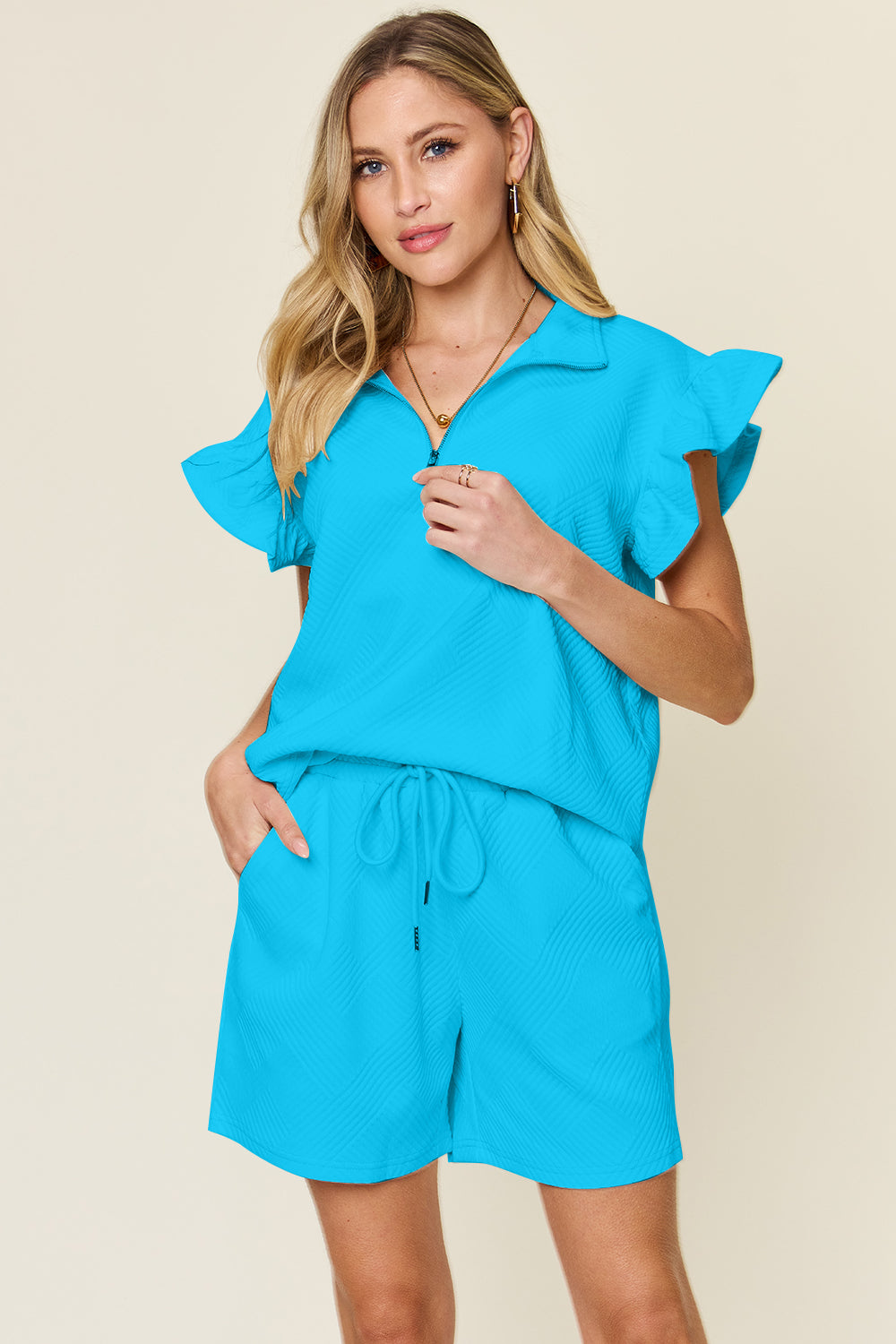 Double Take Texture Flounce Sleeve Top and Shorts Set