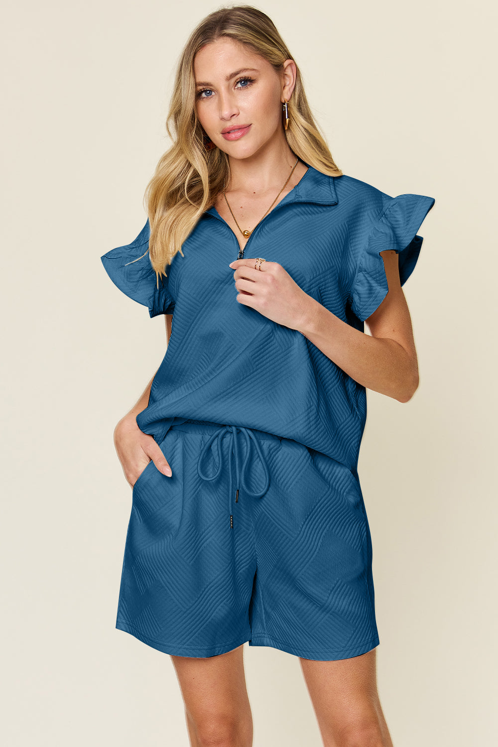 Double Take Texture Flounce Sleeve Top and Shorts Set