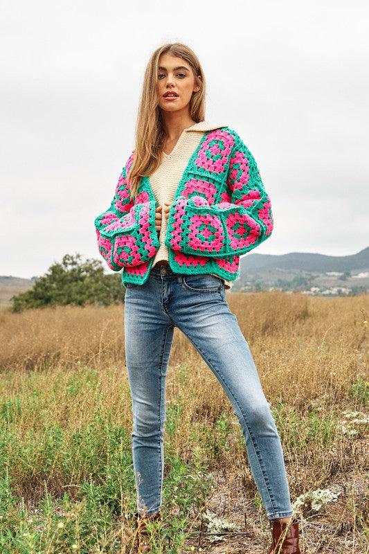 Two-Tone Floral Square Crochet Open Knit Cardigan - Cardigan