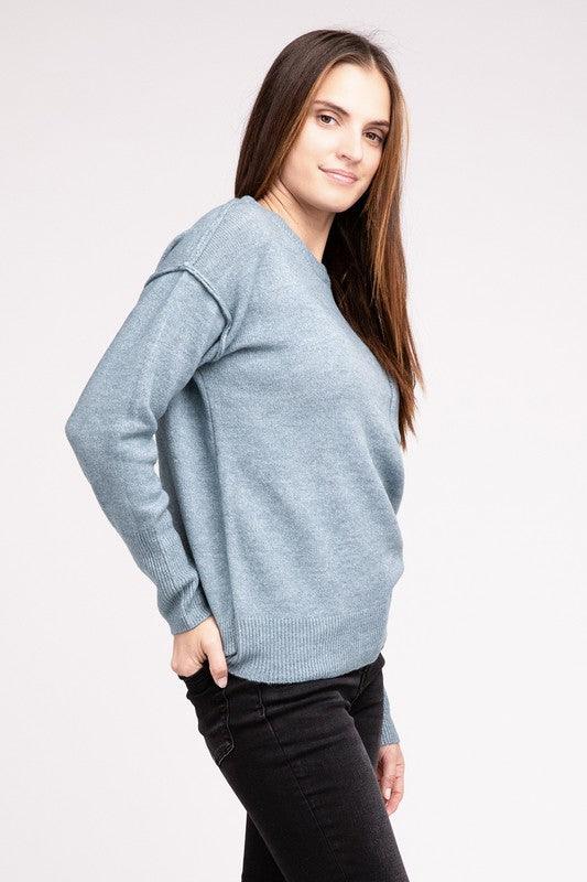 Melange Hi-Low Hem Round Neck Sweater - Sweater