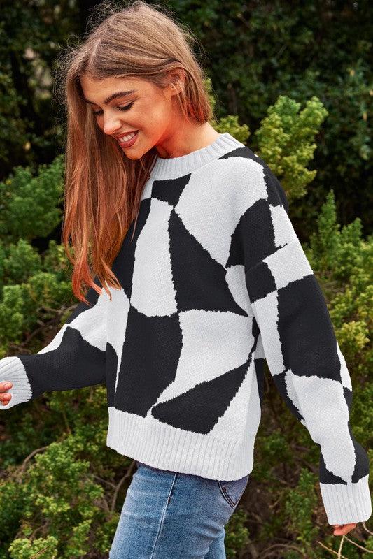 Multi Geo Checker Pullover Knit Sweater Top - Sweater