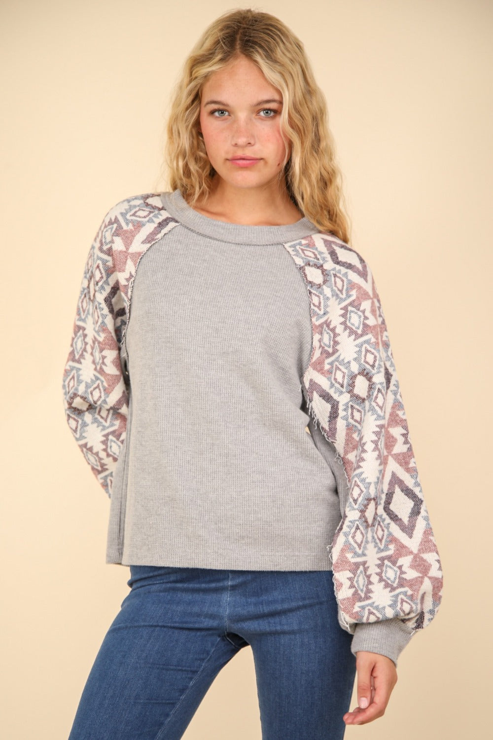 VERY J Aztec Long Sleeve Round Neck Knit Top