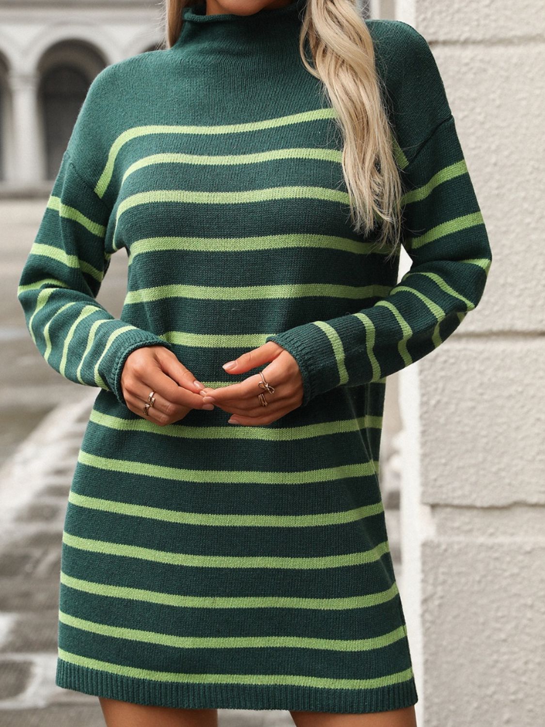 Striped Mock Neck Long Sleeve Mini Sweater Dress