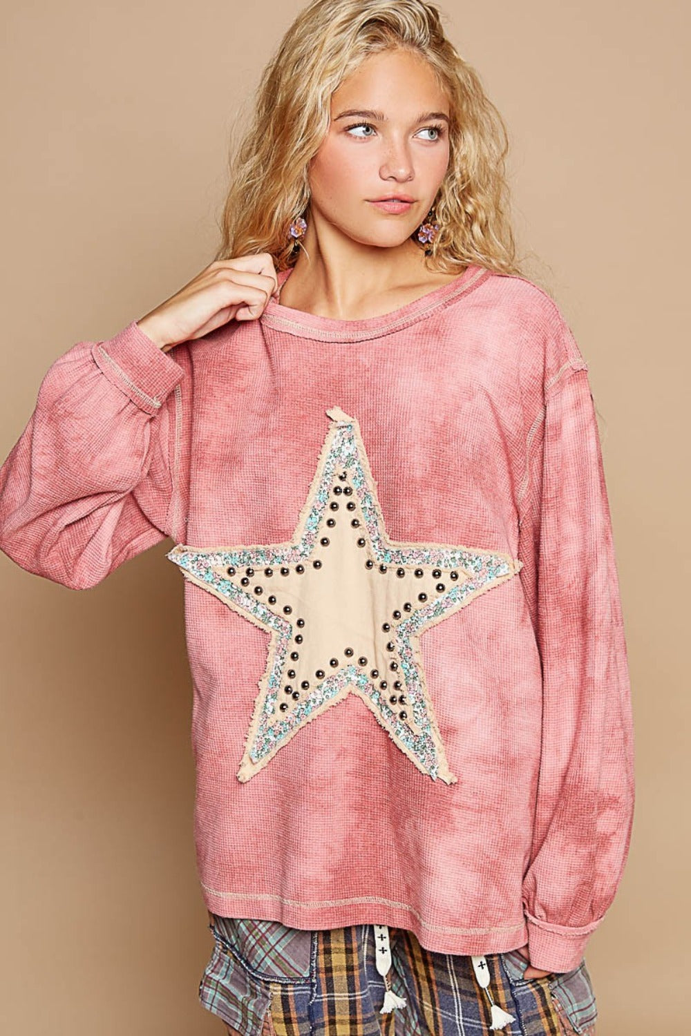 POL Washed Star Patch With Studded Sweatshirt