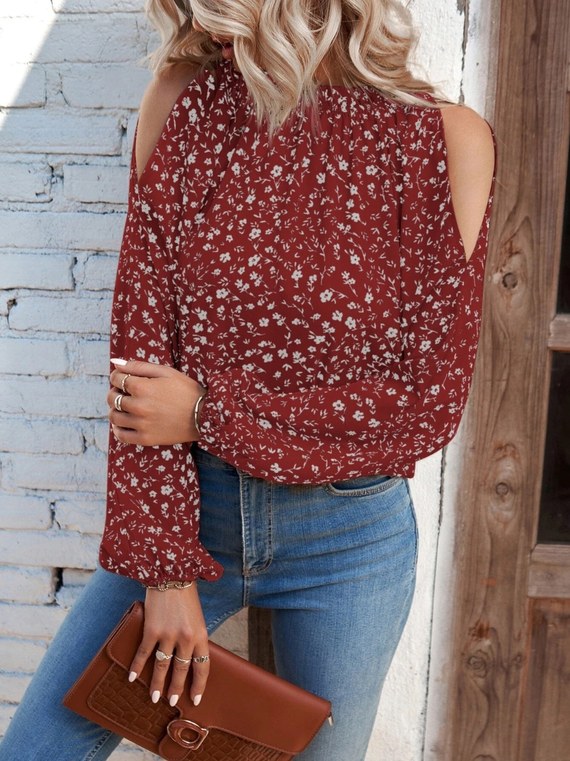 Floral Cold-Shoulder Long Sleeve Blouse