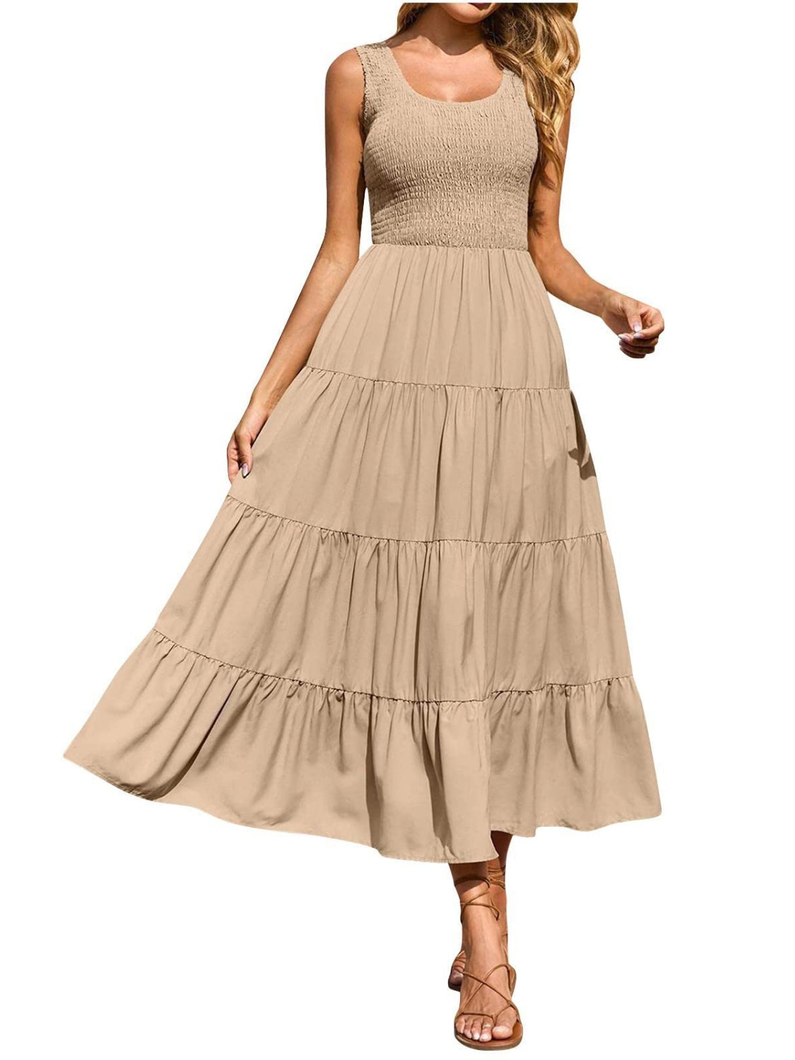 Tiered Smocked Wide Strap Midi Dress