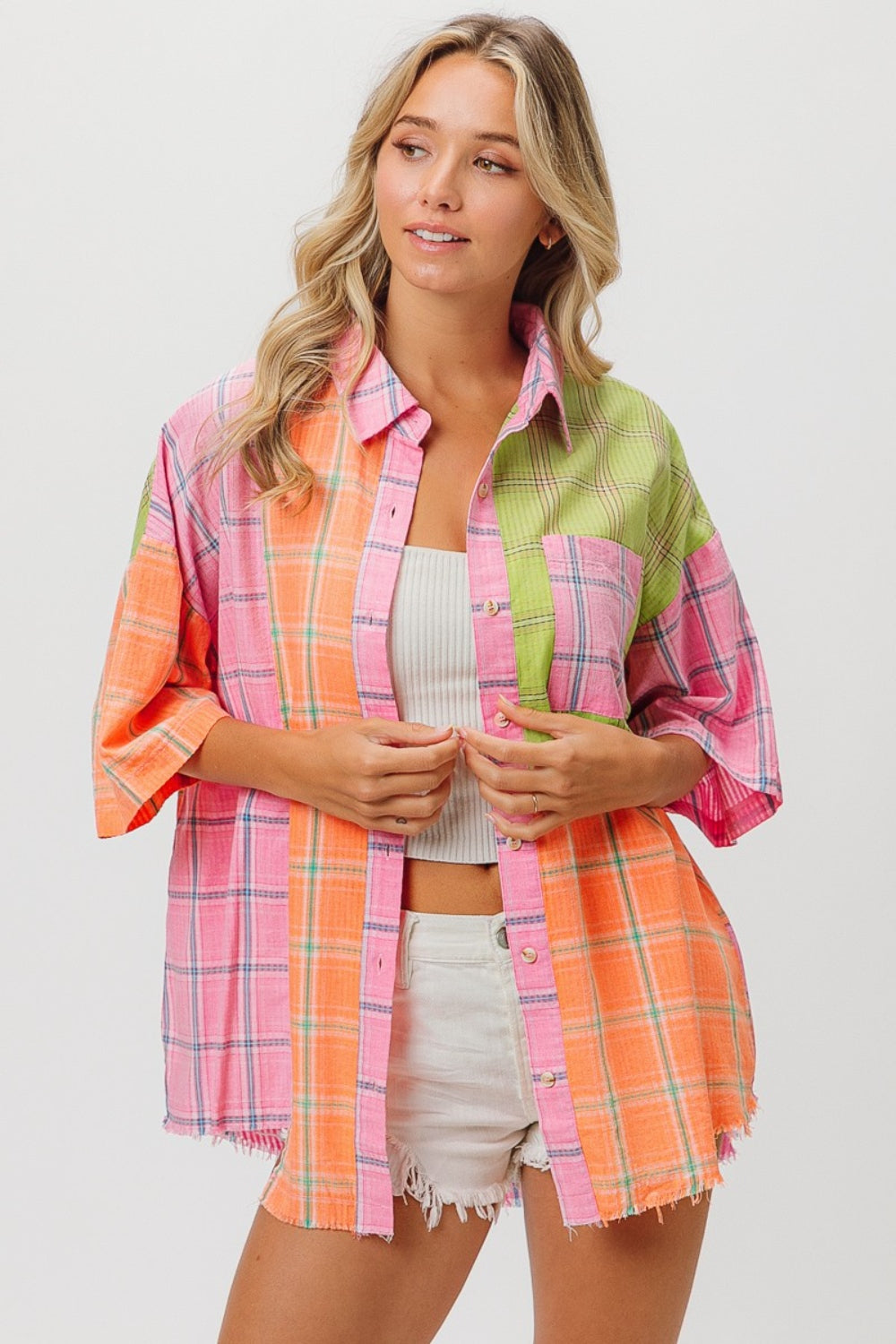 BiBi Plaid Multicolored Collared Neck Half Sleeve Shirt